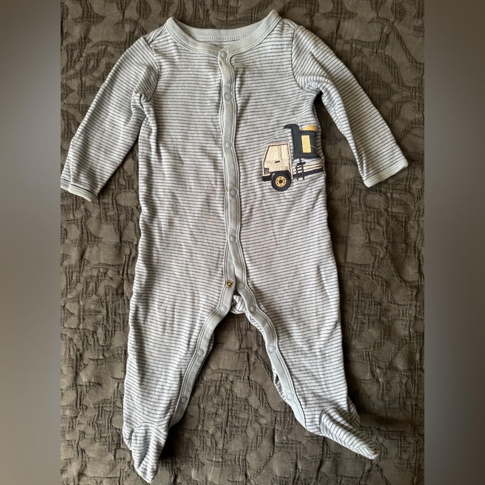 Carter's Gray & White Striped Baby Footie with Truck Applique